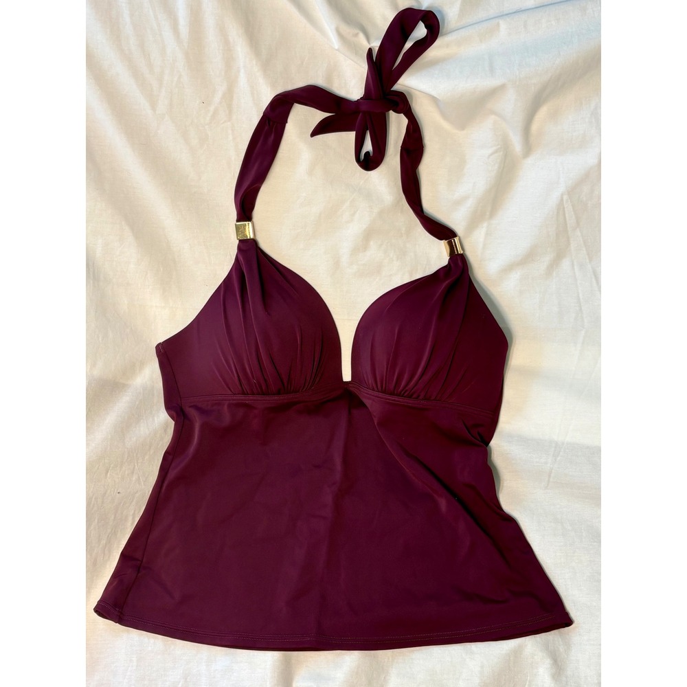 Victoria's Secret Burgundy Halter Tankini Top Gold Hardware Ruched Bust Large